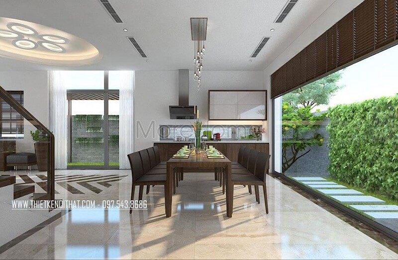 Thiết kế nội thất biệt thự hiện đại với bộ bàn ăn độc đáo mang đến không gian phòng ăn lí tưởng sang trọng