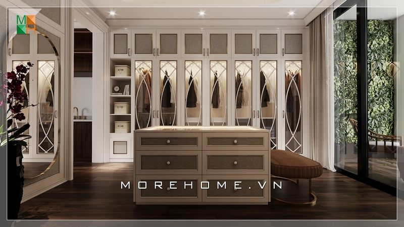 Mẫu đảo phụ kiện giữ không gian căn phòng rất đa năng, vừa để đồ lại có tính thẩm mỹ cao.
