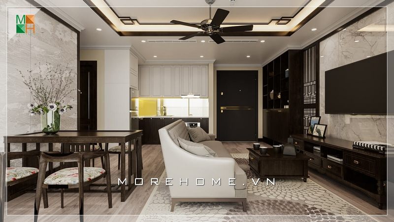 Lựa chọn thiết kế chung cư cao cấp bằng đá ốp vách tivi màu trắng cao cấp cũng là chất liệu được gia chủ chọn giúp không gian căn phòng sáng và sang trọng hơn