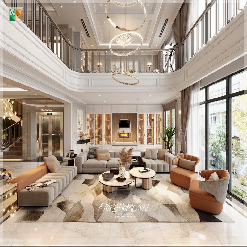 Bàn trà đội hình tròn đóng vai trò như 1 món đồ trang trí giúp không gian phòng khách trở nên thân thiện, ấn tượng.